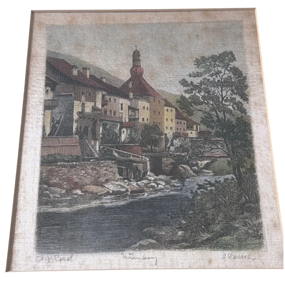 Vintage Signed European Etching Framed Wall Art Set of 3 Gold Frames Estate Find